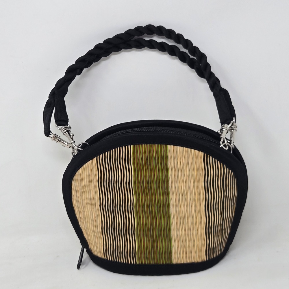 Baskets of Cambodia Woven Grass Shoulder Hand Bag Black Green Striped Boho Purse